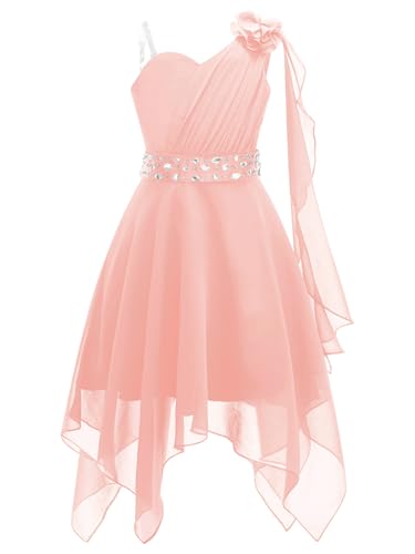 FEESHOW Mädchen Festliches Kleid EIN-Schulter Chiffonkleid mit Blumen Kinder Blumenmädchenkleid Hochzeit Abendkleid Festzug Partykleid Rosa 158-164/13-14 Jahre von FEESHOW