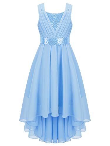 FEESHOW Mädchen Festliches Kleid Pailletten Blumenmädchenkleid Glitzer Chiffon Prinzessin Kleid Vokuhila Kleid A-Linie für Hochzeit Party Festzug A_Blau 146-152 von FEESHOW