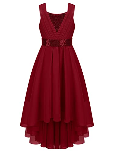 FEESHOW Mädchen Festliches Kleid Pailletten Blumenmädchenkleid Glitzer Chiffon Prinzessin Kleid Vokuhila Kleid A-Linie für Hochzeit Party Festzug A_Burgundy 170-176 von FEESHOW