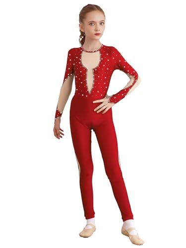 FEESHOW Mädchen Ganzanzug Ballettanzug Langarm Gymnastikbody Glitzer Strass Mesh Patchwork Tanz Trikot Kinder Sport Jumpsuit Eng Rot 146-152 von FEESHOW
