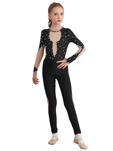 FEESHOW Mädchen Ganzanzug Ballettanzug Langarm Gymnastikbody Glitzer Strass Mesh Patchwork Tanz Trikot Kinder Sport Jumpsuit Eng Schwarz 134-140 von FEESHOW