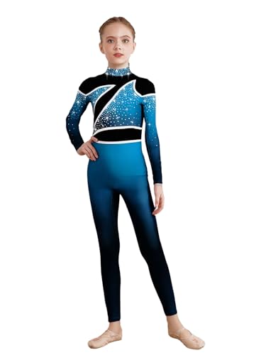FEESHOW Mädchen Ganzkörper Turnanzug Langarm Glitzer Gymnastik Trikot Mit Strass Und Patchwork Kinder Ballett Tanzkostüm Hellblau 158-164 von FEESHOW