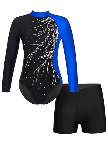 FEESHOW Mädchen Kinder Gymnastikanzug Ballett Gymnastikbody Turntrikot Gymnastikhose Shorts Sport Tanzoutfit Athletic Wettkampf Trainingsanzüge C_Blau 158-164/13-14 Jahre von FEESHOW