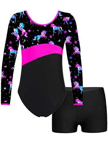 FEESHOW Mädchen Kinder Gymnastikanzug Bedruckte Turntrikot Ballett Gymnastikbody Gymnastikhose Shorts Sport Tanzoutfit Athletic Wettkampf Trainingsanzüge A_Pegasus&Schwarz 122-128/7-8 Jahre von FEESHOW