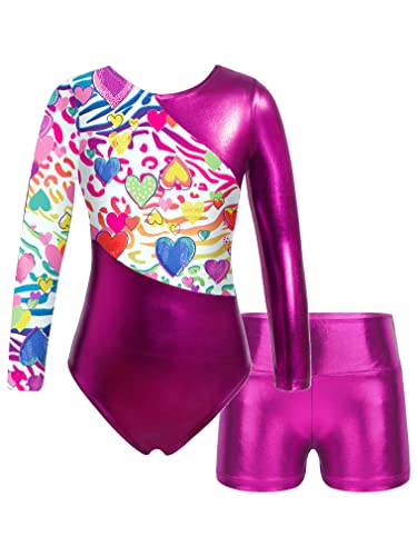 FEESHOW Mädchen Gymnastikanzug Ballett Gymnastikbody Turntrikot Gymnastikhose Shorts Sport Tanzoutfit Athletic Wettkampf Trainingsanzüge Rose 134-140/9-10 Jahre von FEESHOW