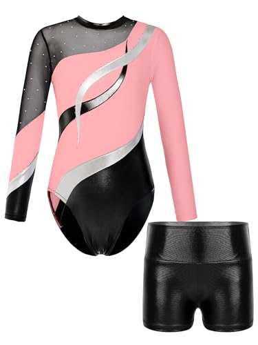FEESHOW Mädchen Gymnastikanzug Langarm Mit Hose Ballett Turntrikot Gymnastik Body Shorts Set Kinder Tanzoutfit Athletic Wettkampf Trainingsanzüge Rosa 170 von FEESHOW