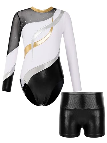 FEESHOW Mädchen Gymnastikanzug Langarm Mit Hose Ballett Turntrikot Gymnastik Body Shorts Set Kinder Tanzoutfit Athletic Wettkampf Trainingsanzüge Weiß 134-140 von FEESHOW