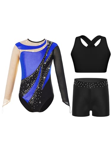 FEESHOW Mädchen Gymnastikanzug Langarm Mit Kurze Hose Und Tank Top Patchwork Glitzer Turnanzug Kinder Gymnastik Tanzkleidung Königsblau 146-152 von FEESHOW
