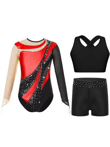 FEESHOW Mädchen Gymnastikanzug Langarm Mit Kurze Hose Und Tank Top Patchwork Glitzer Turnanzug Kinder Gymnastik Tanzkleidung Rot 146-152 von FEESHOW