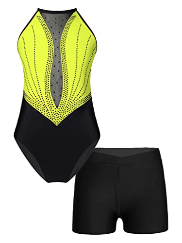 FEESHOW Mädchen Gymnastikanzug Mit Hose Glitzer Ärmellose Turntrikot Gymnastik Shorts Set Tanz Ballettbody Leotard Kurze Hose Set Wettbewerb Tanzkleidung D_Gelb 134-140/9-10 Jahre von FEESHOW