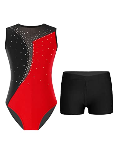 FEESHOW Mädchen Gymnastikanzug Turntrikot Gymnastik Shorts Set Ballettbody Leotard Tanztrikot Kurze Hose Trainingsanzug Wettbewerb Tanzkostüm E_Rot&Schwarz 146-152 von FEESHOW