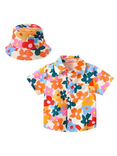 FEESHOW Mädchen Hawaii Hemd Hut Set Kinder Baby Sommer Outfits 2er Blumenmuster Kurzarm Bluse Und Sonnenhut für Party Strand Urlaub Orange 86-92 von FEESHOW