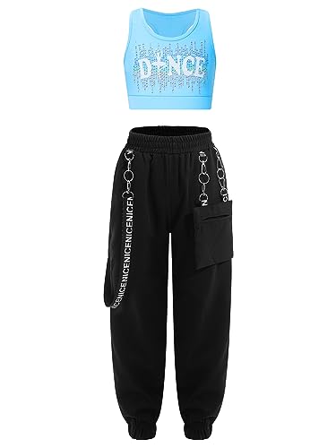 FEESHOW Mädchen Hip Hop Street Dance Kleidung Set Jazz Dancewear Crop Tank Top Cargo Hose Sport Kleidung Set Unterhemd Jogger Hose Set A_Hellblau 146-152 von FEESHOW