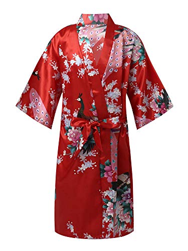 FEESHOW Mädchen Japanischen Stil Kimono Satin Blumen/Reine Farbe Robe Kinder Bademantel Morgenmantel Lang Nachtwäsche Kleid mit Gürtel Rot 134-146 von FEESHOW