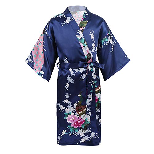 FEESHOW Mädchen Japanischen Stil Kimono Satin Blumen/Reine Farbe Robe Kinder Bademantel Morgenmantel Lang Nachtwäsche Kleid mit Gürtel Navy blau 146-164/11-14 Jahre von FEESHOW