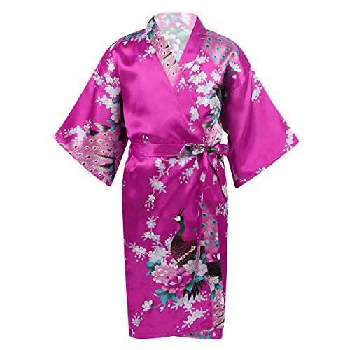 FEESHOW Mädchen Japanischen Stil Kimono Satin Blumen/Reine Farbe Robe Kinder Bademantel Morgenmantel Lang Nachtwäsche Kleid mit Gürtel Rosenrot 146-164/11-14 Jahre von FEESHOW