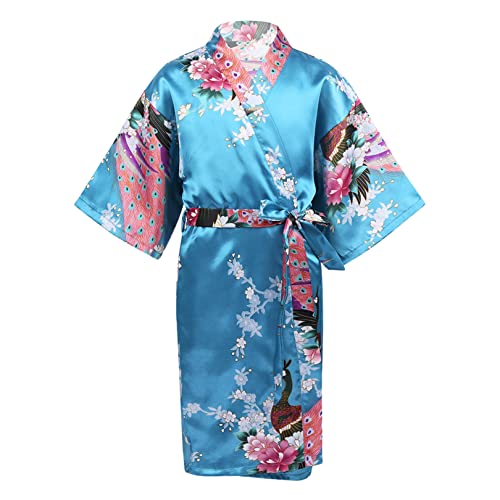 FEESHOW Mädchen Japanischen Stil Kimono Satin Blumen/Reine Farbe Robe Kinder Bademantel Morgenmantel Lang Nachtwäsche Kleid mit Gürtel Eisblau 134-146/9-11 Jahre von FEESHOW