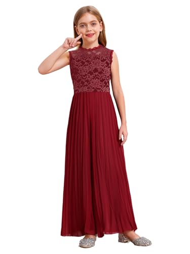FEESHOW Mädchen Jumpsuit Ärmellos Spitze Overall Elegant Plissee Weite Beine Hose Für Festlich Hochzeit Abend Burgundy 134-140 von FEESHOW