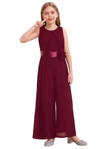 FEESHOW Mädchen Jumpsuit Festlich Overall ärmellos Mit Gürtel Elegant Plissee Weite Beine Hose für Hochzeit Abend Burgundy 122-128 von FEESHOW