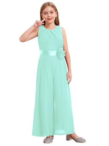 FEESHOW Mädchen Jumpsuit Festlich Overall ärmellos Mit Gürtel Elegant Plissee Weite Beine Hose für Hochzeit Abend Minzgrün 122-128 von FEESHOW