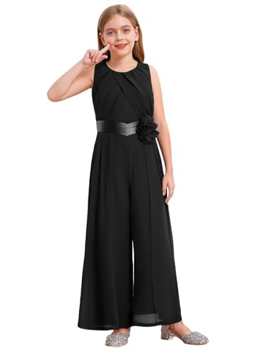 FEESHOW Mädchen Jumpsuit Festlich Overall ärmellos Mit Gürtel Elegant Plissee Weite Beine Hose für Hochzeit Abend Schwarz 146-152 von FEESHOW