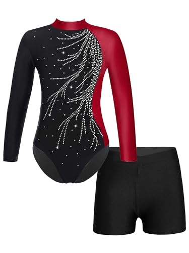 FEESHOW Mädchen Kinder Gymnastikanzug Ballett Gymnastikbody Turntrikot Gymnastikhose Shorts Sport Tanzoutfit Athletic Wettkampf Trainingsanzüge C_Burgundy 158-164/13-14 Jahre von FEESHOW