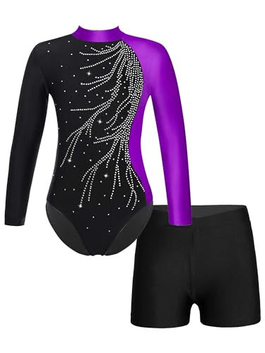 FEESHOW Mädchen Kinder Gymnastikanzug Ballett Gymnastikbody Turntrikot Gymnastikhose Shorts Sport Tanzoutfit Athletic Wettkampf Trainingsanzüge C_Violett 146-152/11-12 Jahre von FEESHOW