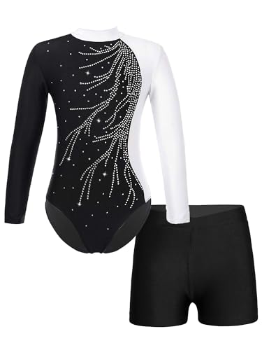 FEESHOW Mädchen Kinder Gymnastikanzug Ballett Gymnastikbody Turntrikot Gymnastikhose Shorts Sport Tanzoutfit Athletic Wettkampf Trainingsanzüge C_Weiß 122-128/7-8 Jahre von FEESHOW