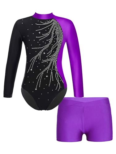 FEESHOW Mädchen Kinder Gymnastikanzug Ballett Gymnastikbody Turntrikot Gymnastikhose Shorts Sport Tanzoutfit Athletic Wettkampf Trainingsanzüge F_Violett 122-128/7-8 Jahre von FEESHOW