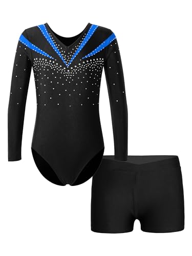 FEESHOW Mädchen Kinder Gymnastikanzug Ballett Gymnastikbody Turntrikot Gymnastikhose Shorts Sport Tanzoutfit Athletic Wettkampf Trainingsanzüge G_Blau 146-152/11-12 Jahre von FEESHOW