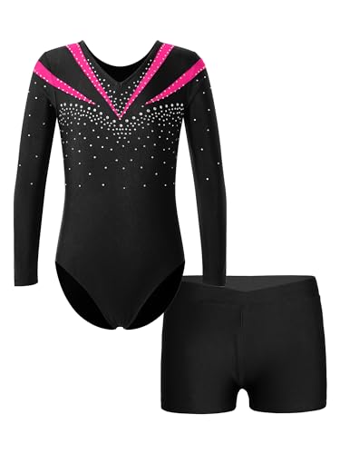 FEESHOW Mädchen Kinder Gymnastikanzug Ballett Gymnastikbody Turntrikot Gymnastikhose Shorts Sport Tanzoutfit Athletic Wettkampf Trainingsanzüge G_Pink 146-152/11-12 Jahre von FEESHOW