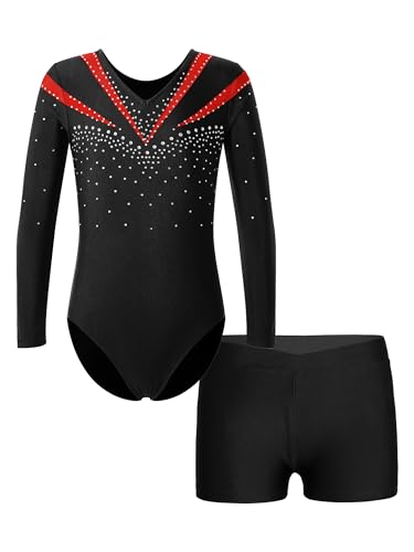 FEESHOW Mädchen Kinder Gymnastikanzug Ballett Gymnastikbody Turntrikot Gymnastikhose Shorts Sport Tanzoutfit Athletic Wettkampf Trainingsanzüge G_Rot 146-152/11-12 Jahre von FEESHOW