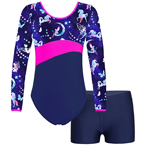 FEESHOW Mädchen Kinder Gymnastikanzug Bedruckte Turntrikot Ballett Gymnastikbody Gymnastikhose Shorts Sport Tanzoutfit Athletic Wettkampf Trainingsanzüge A_Fee&Marineblau 110-116/5-6 Jahre von FEESHOW