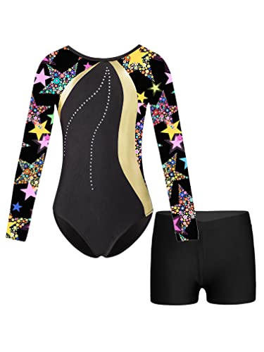 FEESHOW Mädchen Kinder Gymnastikanzug Bedruckte Turntrikot Ballett Gymnastikbody Gymnastikhose Shorts Sport Tanzoutfit Athletic Wettkampf Trainingsanzüge D_Schwarz-Blumen 134-140/9-10 Jahre von FEESHOW