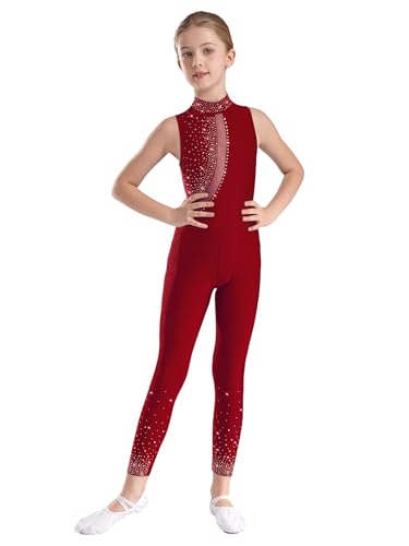 FEESHOW Mädchen Kinder Turnanzug Glitzer Ganzkörper Gymnastikanzug Trikot Ärmellos Ballett Unitard Akrobatik Tanzkleidung Burgundy 134-140 von FEESHOW