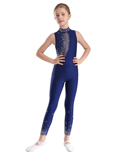 FEESHOW Mädchen Kinder Turnanzug Glitzer Ganzkörper Gymnastikanzug Trikot Ärmellos Ballett Unitard Akrobatik Tanzkleidung Marineblau 134-140 von FEESHOW