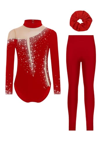 FEESHOW Mädchen Kinder Turnanzug Langarm Mit Hose Haargummi 3er Glitzer Strass Gymnastik Trikot Ballett Tanzkleidung Burgundy 122-128 von FEESHOW