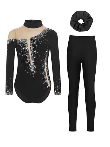FEESHOW Mädchen Kinder Turnanzug Langarm Mit Hose Haargummi 3er Glitzer Strass Gymnastik Trikot Ballett Tanzkleidung Schwarz 158-164 von FEESHOW