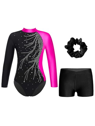 FEESHOW Mädchen Kinder Turnanzug Mit Hose Langarm Turntrikot Gymnastik Body Gymnastik Shorts Und Haargummi Ballett Tanzoutfit Rosa&Schwarz 146-152 von FEESHOW