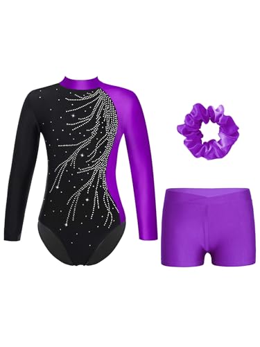 FEESHOW Mädchen Kinder Turnanzug Mit Hose Langarm Turntrikot Gymnastik Body Gymnastik Shorts Und Haargummi Ballett Tanzoutfit Violett 134-140 von FEESHOW