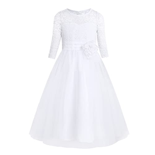 FEESHOW Mädchen Kleid Festlich Blumenmädchen Partykleid Abendkleid Spitzenkleid Mit Schleife Für Geburtstag Hochzeit Weiß 128/8 Jahre von FEESHOW