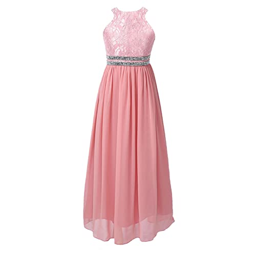 FEESHOW Kinder Mädchen Kleid Festlich Hochzeit Blumenmädchen Kleid Neckholder Spitzenkleid Maxikleid Party Ball Cocktailkleid A_Rosa 176/16 Jahre von FEESHOW