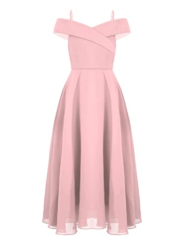 FEESHOW Mädchen Kleid Festlich Hochzeit Brautjungfer Festzug Partykleid Schulterfrei Chiffon Prinzessin Kleider 98-176 Rosa_B 152/12 Jahre von FEESHOW