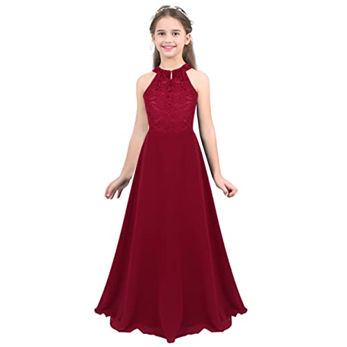 FEESHOW Kinder Mädchen Festliches Kleid Neckholder Spitze Chiffon Kleid A-Linie Hochzeit Party Abendkleid Festzug Geburtstag Ballkleid Maxi Weinrot 128/8 Jahre von FEESHOW