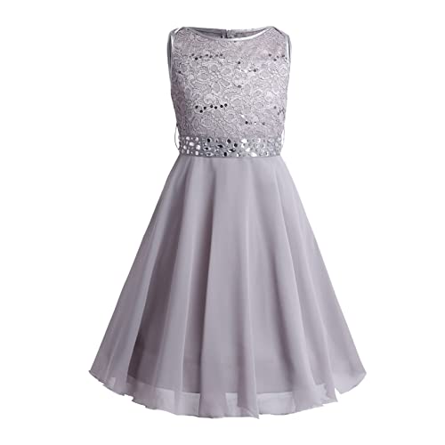 FEESHOW Mädchen Festliche Kleider Spitze Hochzeit Blumenmädchen Kleid Party Abendkleid Prinzessin Kleid Chiffonkleid mit Strass Gürtel Grau 140 von FEESHOW