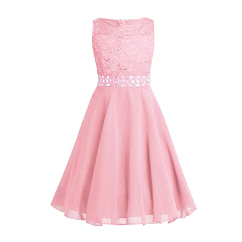 FEESHOW Mädchen Festliche Kleider Spitze Hochzeit Blumenmädchen Kleid Party Abendkleid Prinzessin Kleid Chiffonkleid mit Strass Gürtel Rosa 164 von FEESHOW