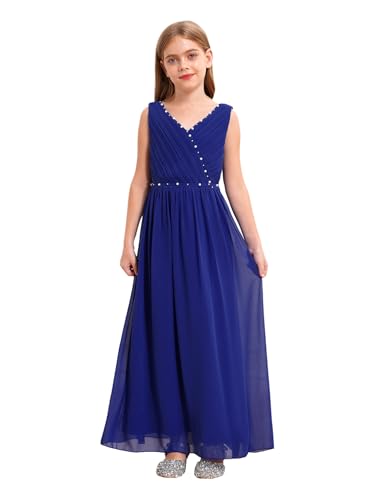 FEESHOW Mädchen Blumenmädchen Kleider Lang Festlich ärmellos Prinzessin Kleid A-Linie Hochzeit Partykleid Festzug Abendkleid Gr 98-176 Blau 158-164/13-14 Jahre von FEESHOW