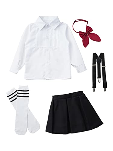 FEESHOW Mädchen Kleidung Set Festliche Schuluniform Anzug Karierter Mini Rock Hemd Und Krawattenknoten Party Fasching Outfit Cosplay Schwarz_F 122-128/7-8 Jahre von FEESHOW