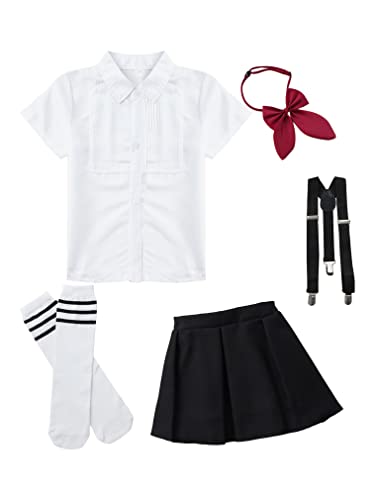 FEESHOW Mädchen Kleidung Set Festliche Schuluniform Anzug Karierter Mini Rock Hemd Und Krawattenknoten Party Fasching Outfit Cosplay Schwarz_G 122-128/7-8 Jahre von FEESHOW