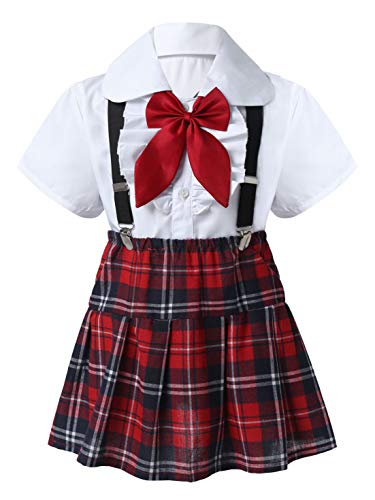 FEESHOW Mädchen Kleidung Set Festliche Schuluniform Anzug Karierter Mini Rock Hemd Und Krawattenknoten Party Fasching Outfit Cosplay Weiß 134-140 von FEESHOW